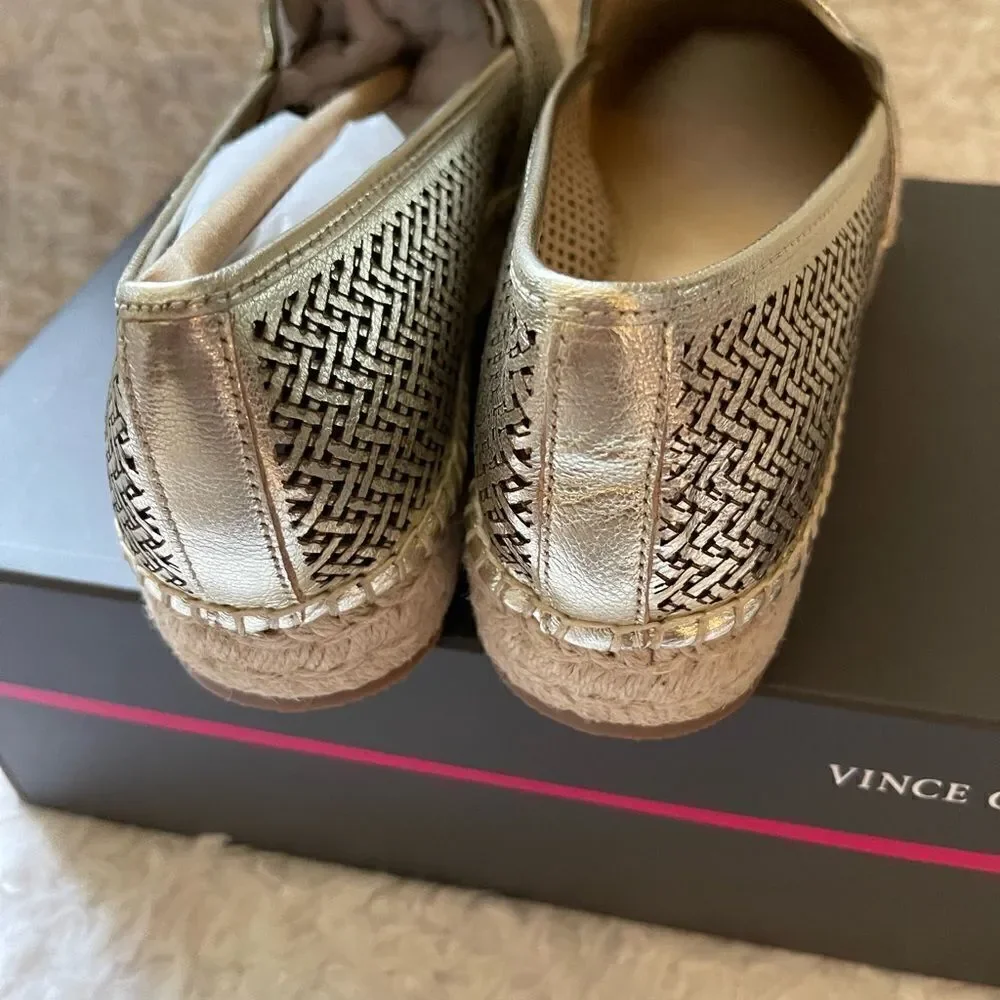 NWB Vince Camuto Hamorra leather gold laser cut slip on espadrilles jute SZ10M
